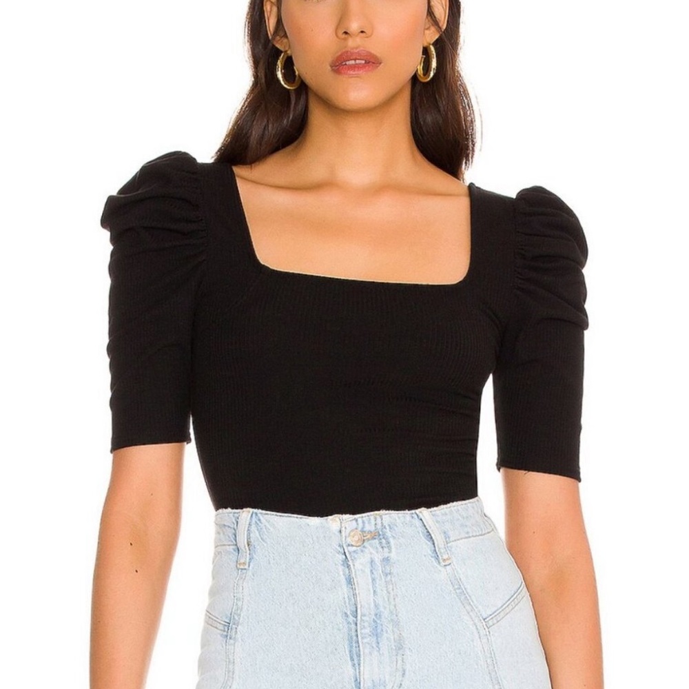 Free People We The Free Night Lily Puff Sleeve Tee Black Ribbed Minimal Top